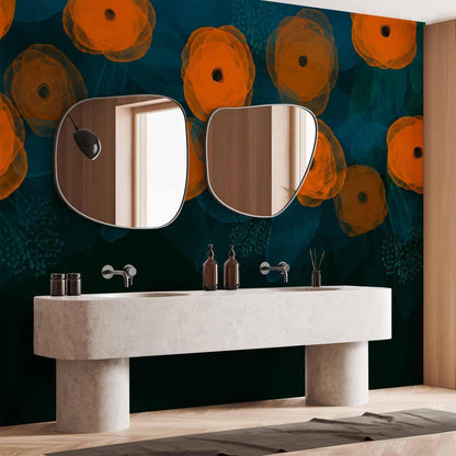 Fototapete - Watercolour composition - orange patterns on a delicate leaf background