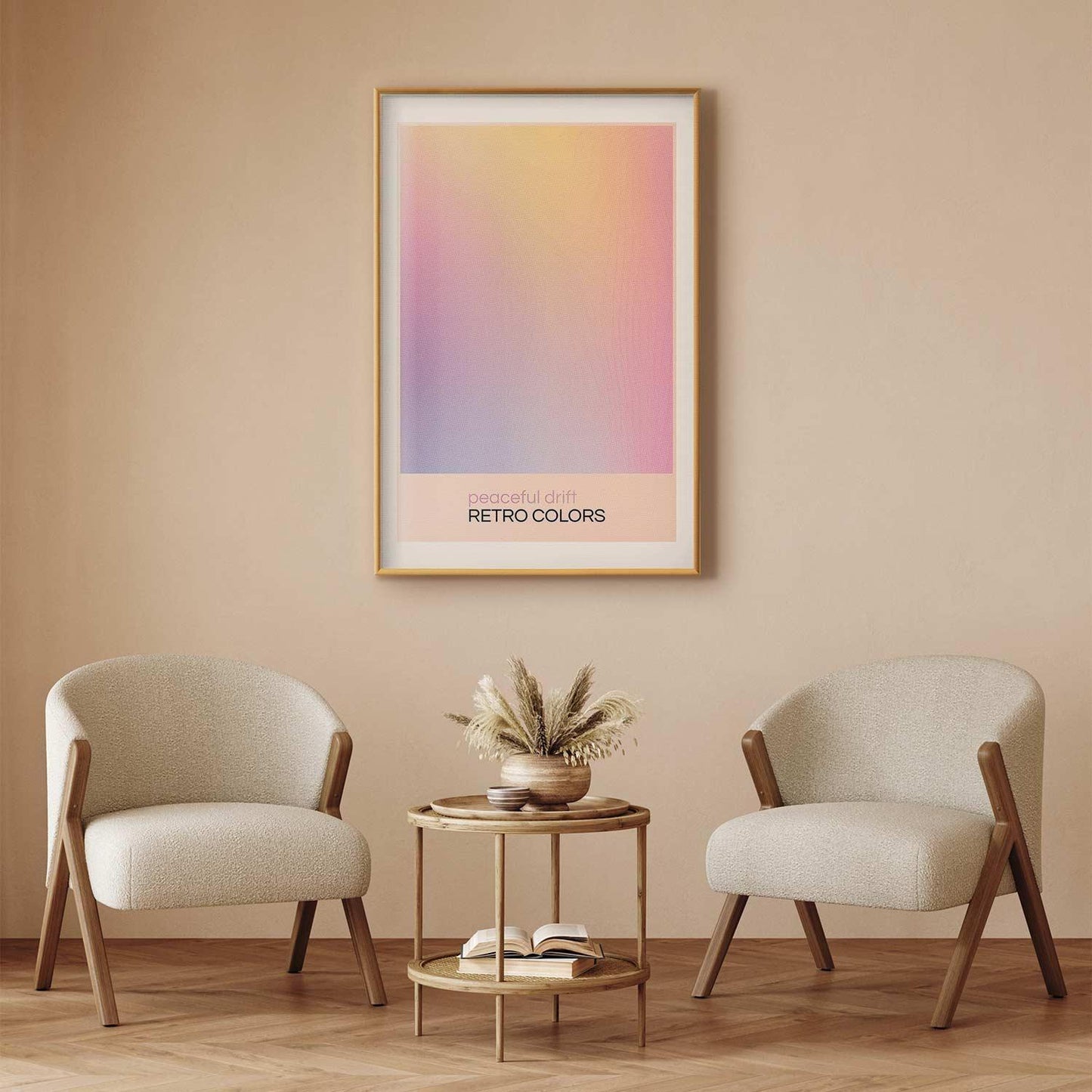 Poster with delicate pastel shades creating a harmonious whole, titled "Peaceful Drift," in a minimalist living room setting.