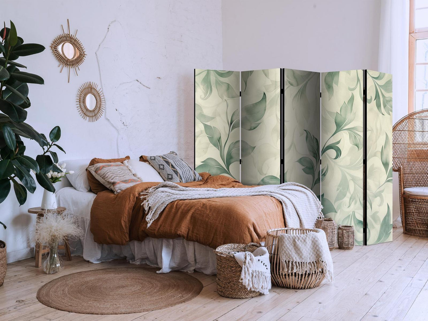 Paravent - Watercolor Botanical Motif - Delicate Green-Beige Leaves Artgeist