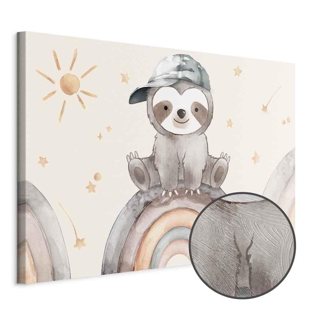 Leinwandbild - Happy Sloth - Sloth in Subdued Colors Wearing a Cap Sitting on a Rainbow Among Little Stars