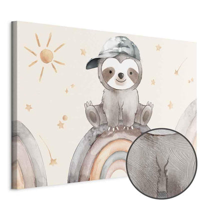 Leinwandbild - Happy Sloth - Sloth in Subdued Colors Wearing a Cap Sitting on a Rainbow Among Little Stars