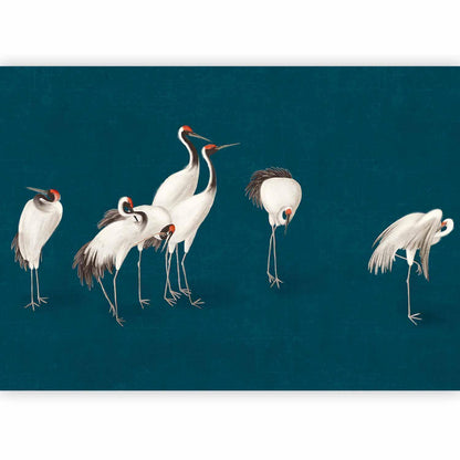 Fototapete - Evening by the pond - a group of cranes drawn in dry pastel on a dark turquoise background