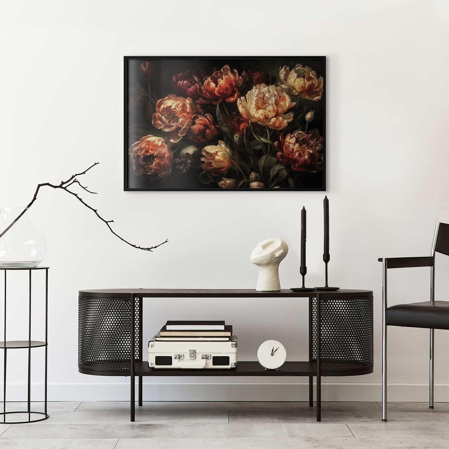 Poster of blooming tulips displayed in a modern living room setting.