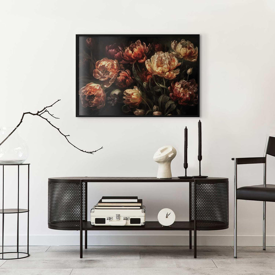 Poster of blooming tulips displayed in a modern living room setting.
