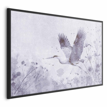 Poster - Majestic Flight - crane in flight in a monochromatic, cool color palette