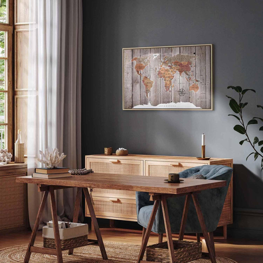 Leinwandbild - World Map: Wooden Stories Artgeist