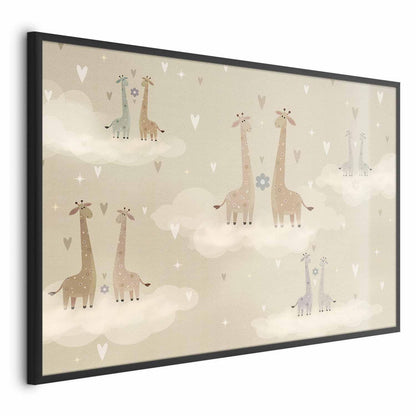 Wall art featuring whimsical giraffes on clouds, perfect for diverse interior decor styles.