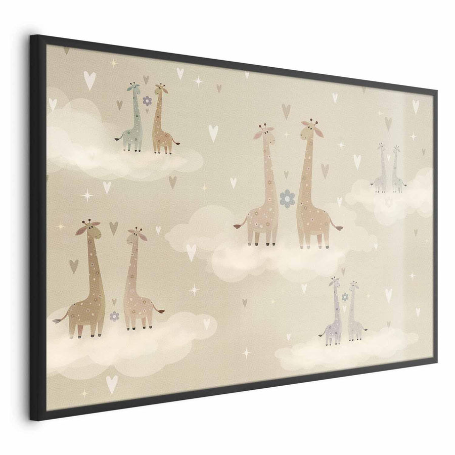 Wall art featuring whimsical giraffes on clouds, perfect for diverse interior decor styles.