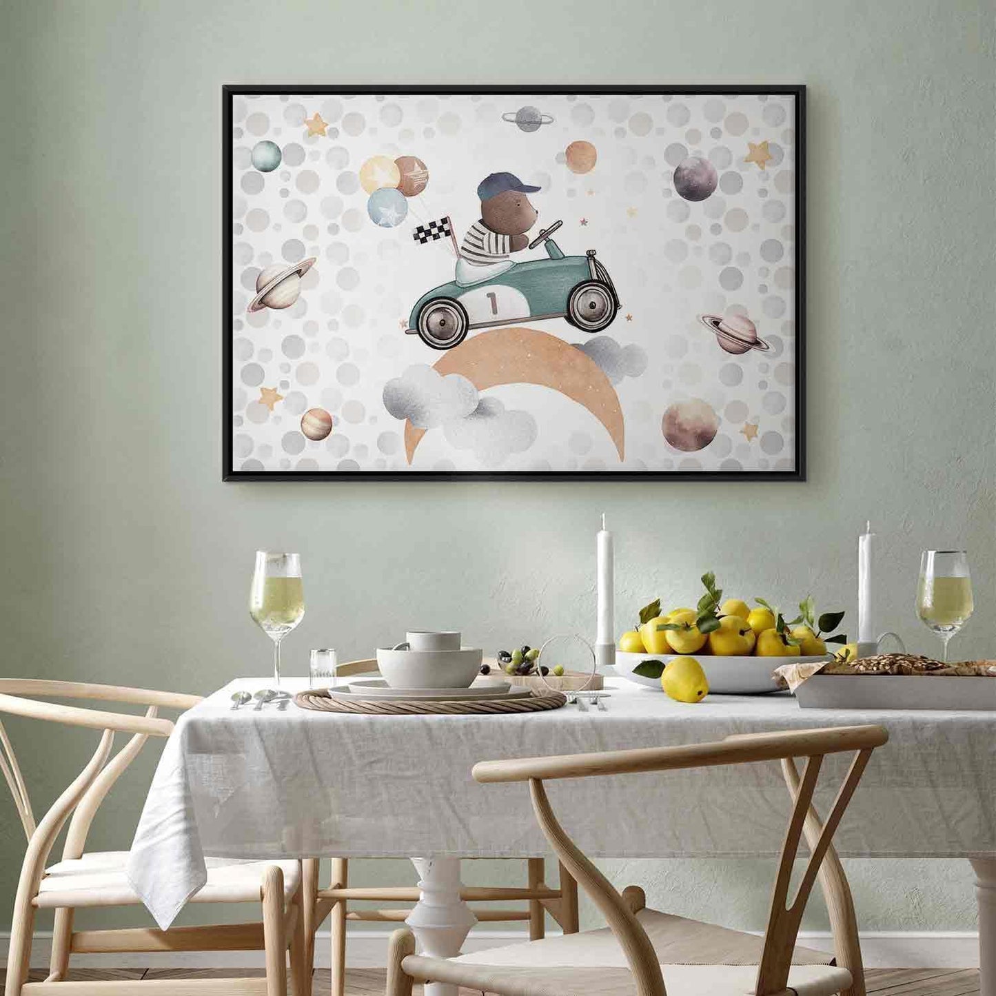 Leinwandbild - Galactic Races - A Bear Participating in Car Races Among Planets Clouds and Stars in Pastel Hues Artgeist