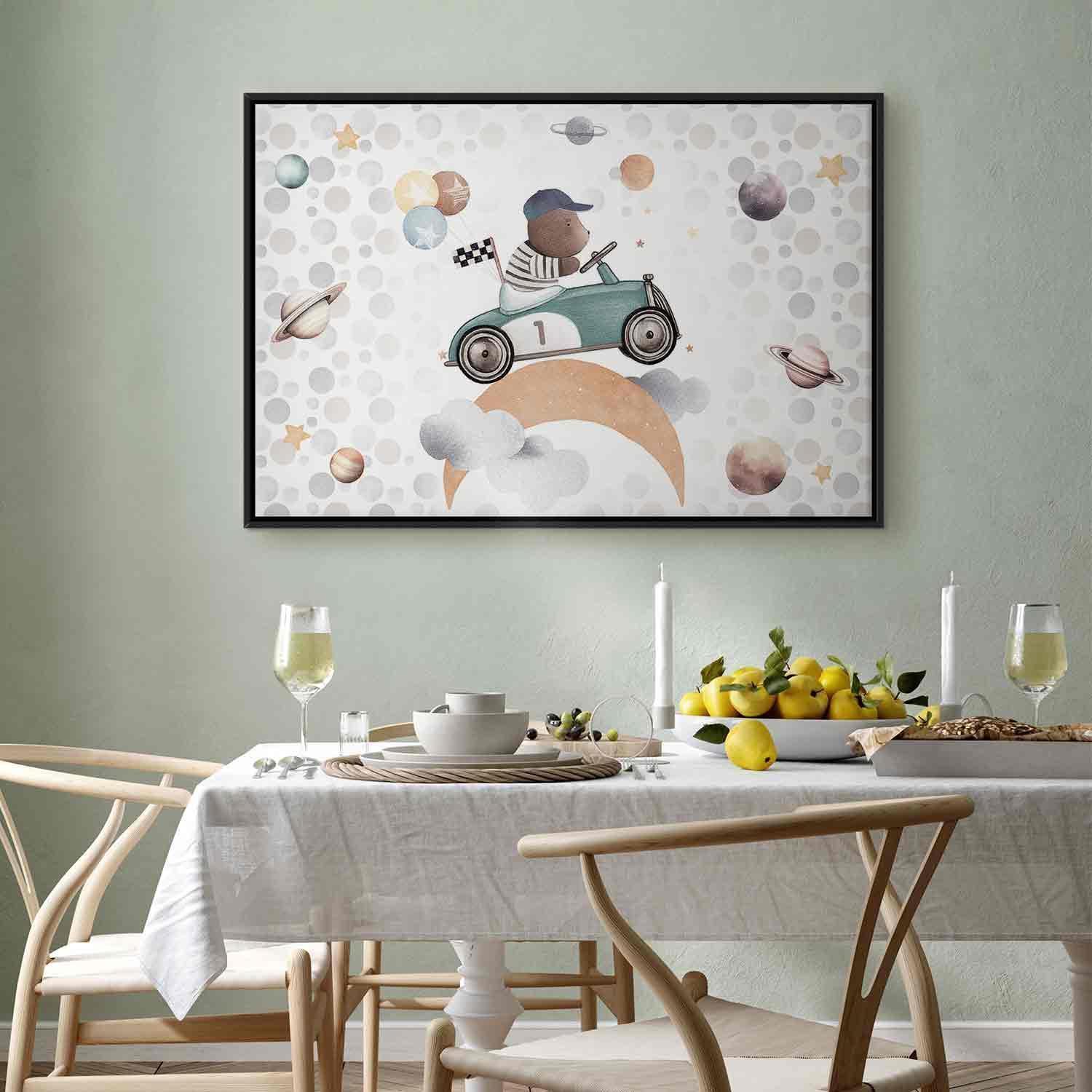 Leinwandbild - Galactic Races - A Bear Participating in Car Races Among Planets Clouds and Stars in Pastel Hues Artgeist