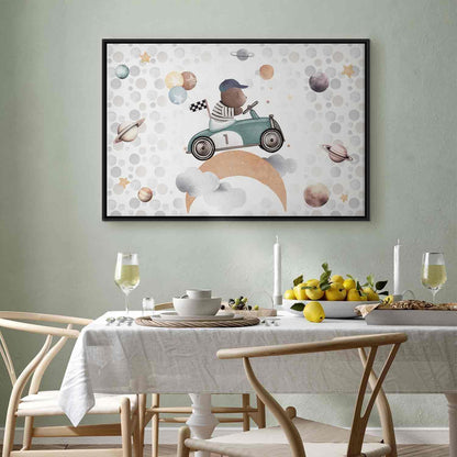 Leinwandbild - Galactic Races - A Bear Participating in Car Races Among Planets Clouds and Stars in Pastel Hues Artgeist