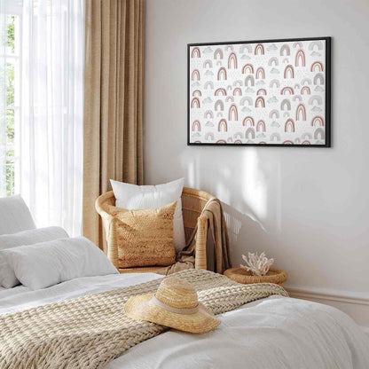 Leinwandbild - Rainbows After the Storm - Rainbows of Various Sizes in Pastel Hues Among Rain Clouds in a Gray-Blue Shade