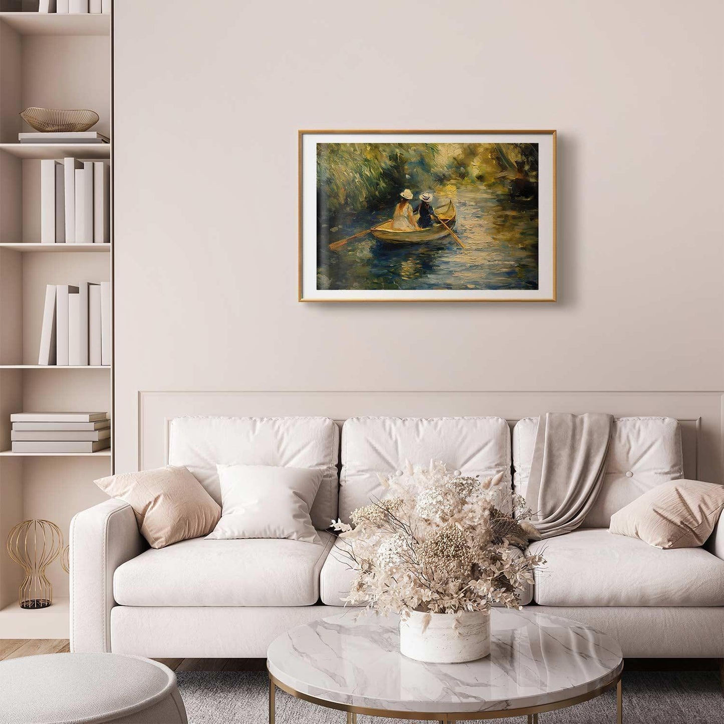 Poster - Boat crossing - painting of two women sailing a boat on a river