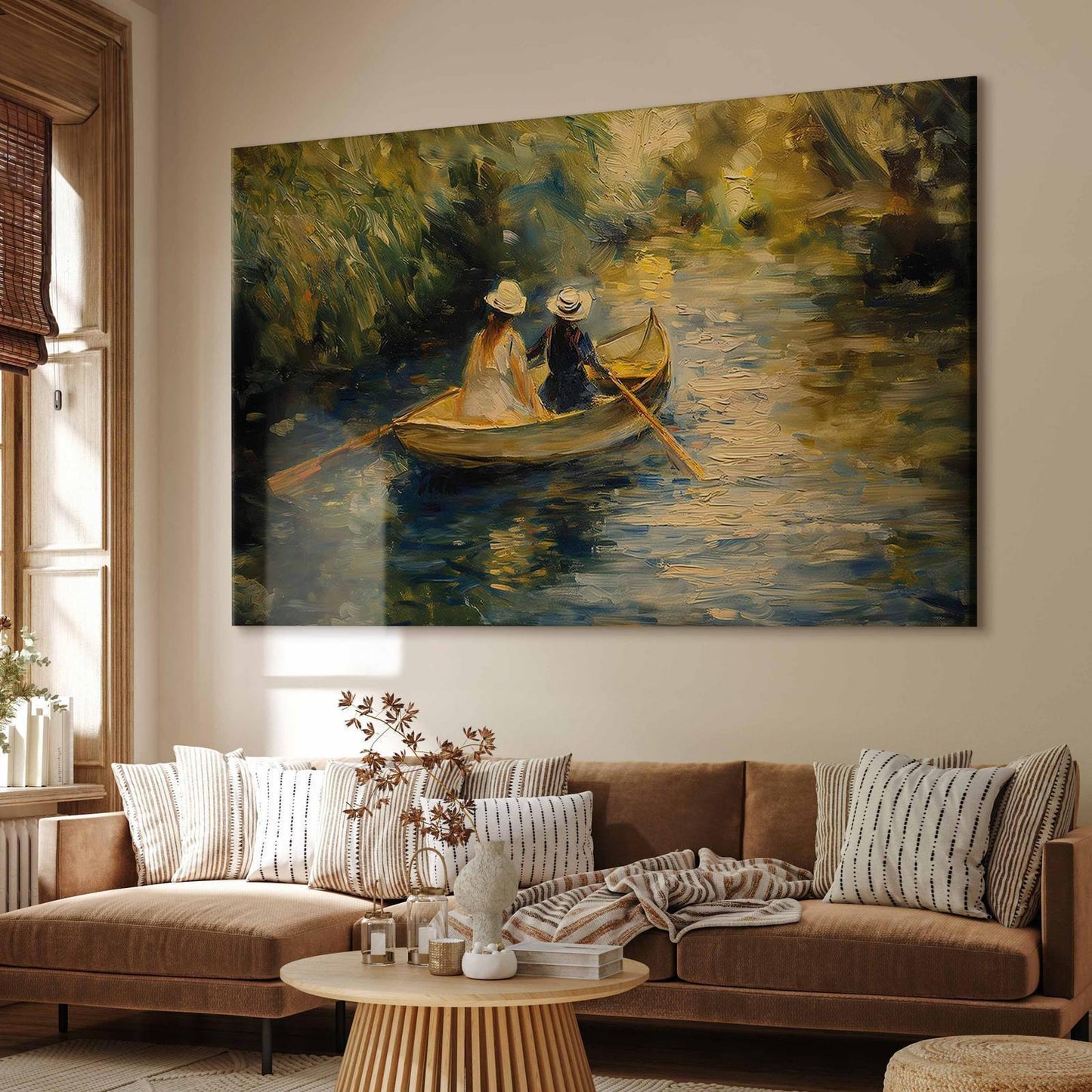 Wandbild XXL - Boat crossing - painting of two women sailing a boat on a river