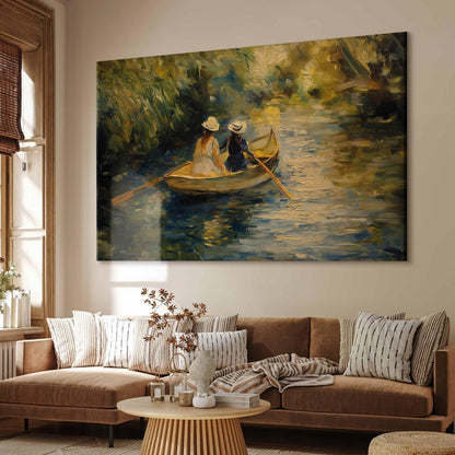 Wandbild XXL - Boat crossing - painting of two women sailing a boat on a river