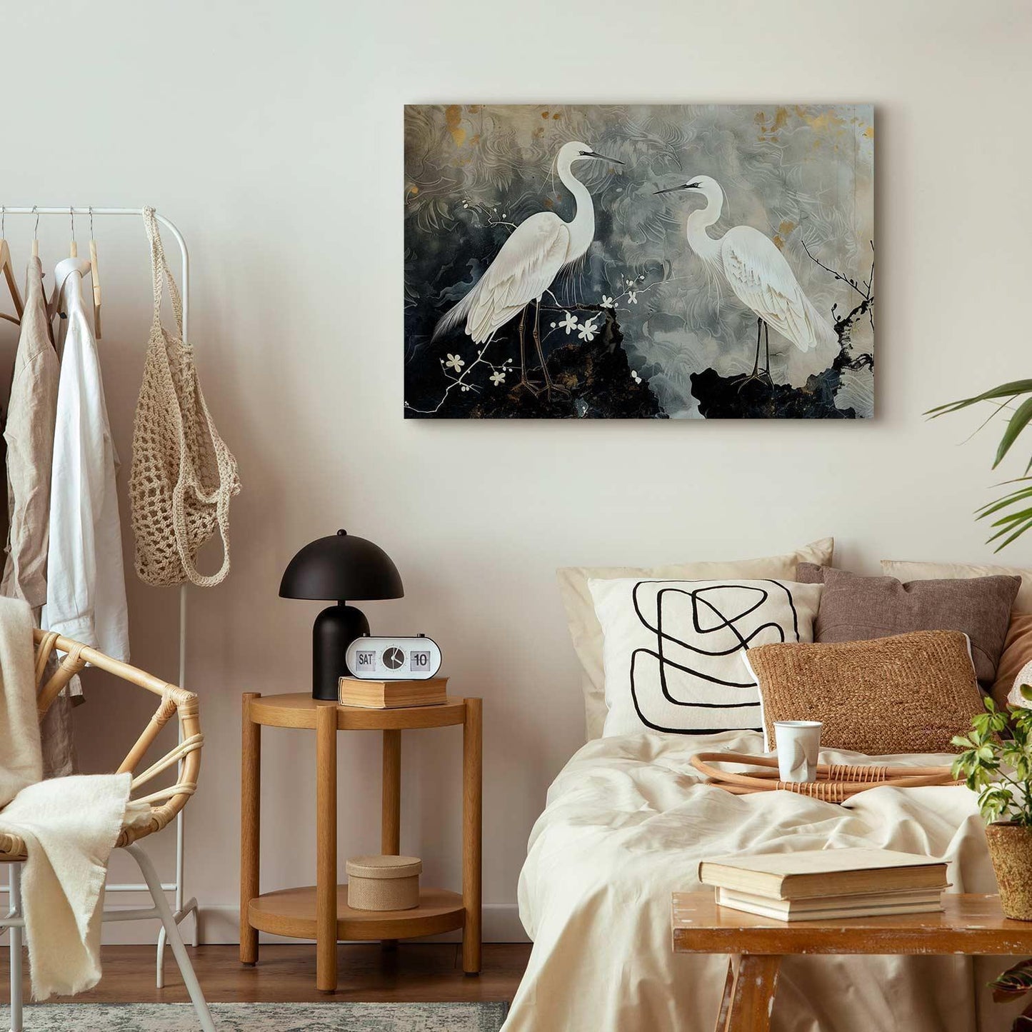 Leinwandbild - Herons and cherry blossoms - oriental-style illustration depicting birds