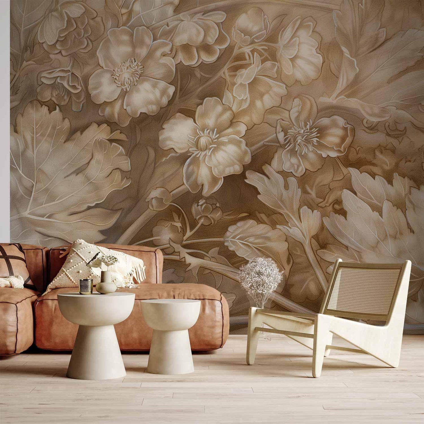 Fototapete - Floral Ornaments Carved in Delicate Sepia and Brown Shades Artgeist