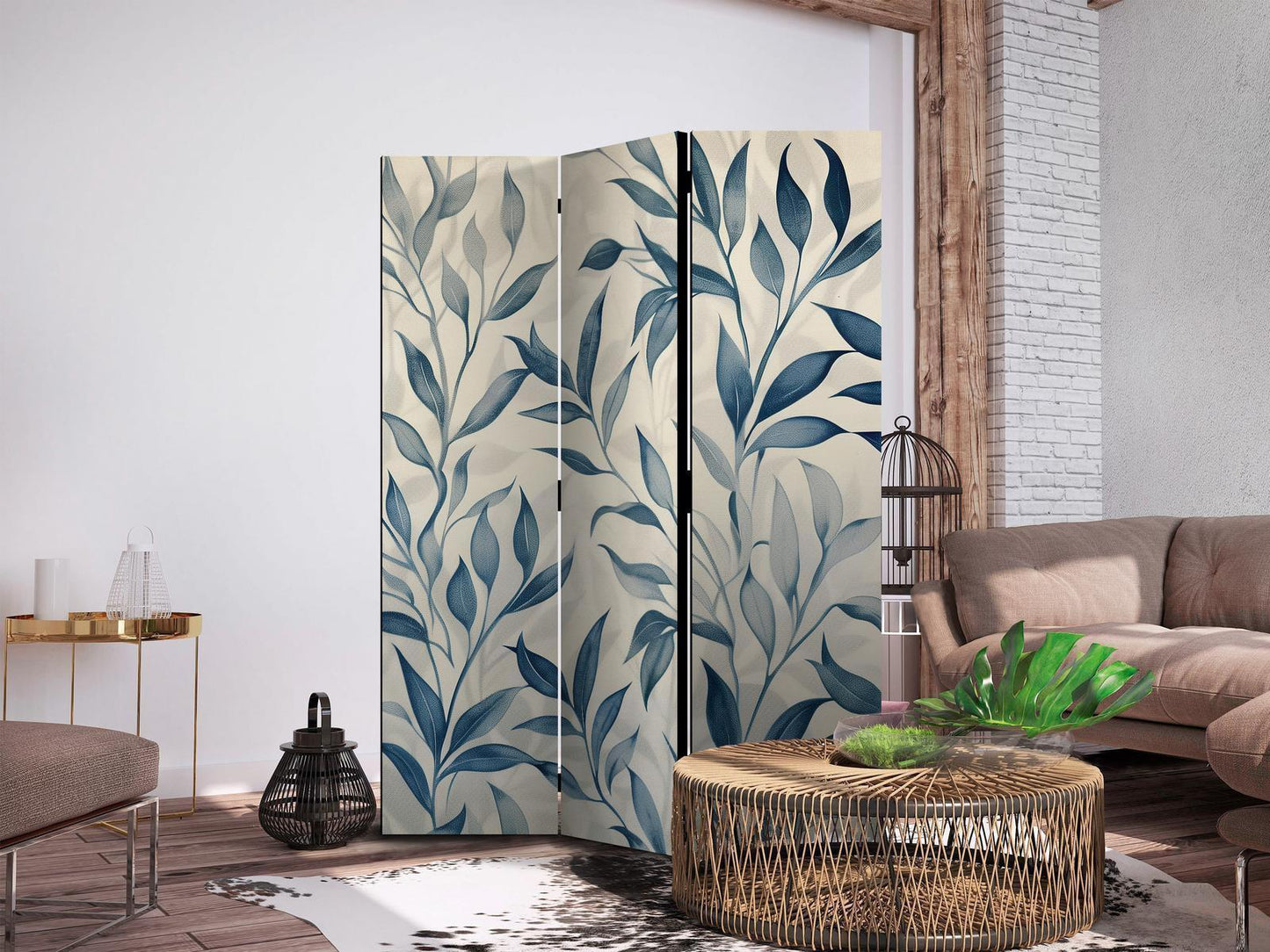 Paravent - Leaves in Blue Colors - Delicate Botanical Motif Artgeist