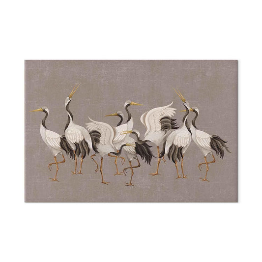 Wandbild XXL - Crane dance – bright silhouettes of birds against a warm grey background with texture