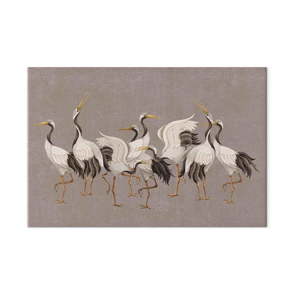 Wandbild XXL - Crane dance – bright silhouettes of birds against a warm grey background with texture