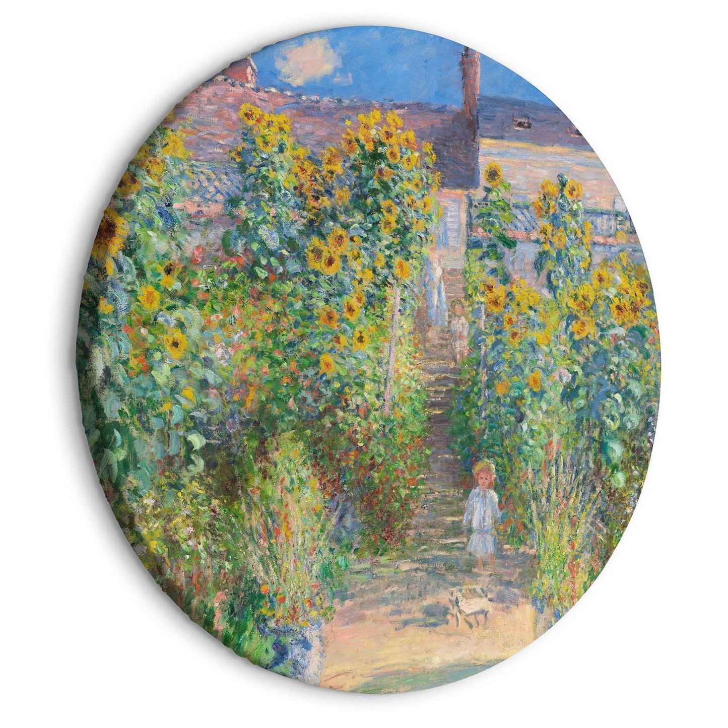 Rundes Bild - Claude Monet’s Garden at Vétheuil - Farmhouse With Sunflowers Artgeist
