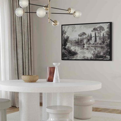 Leinwandbild - Black and White Vintage Landscape Retro View of a Pond with a Boat