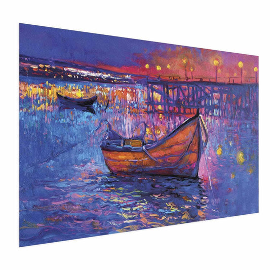Poster - Modern impressionism - night landscape of a lake with a floating boat