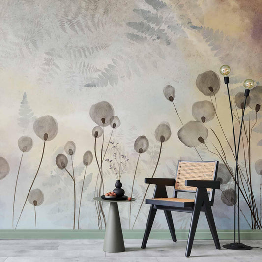 Fototapete - Minimalist meadow - floral motif in light shades with reflections Artgeist