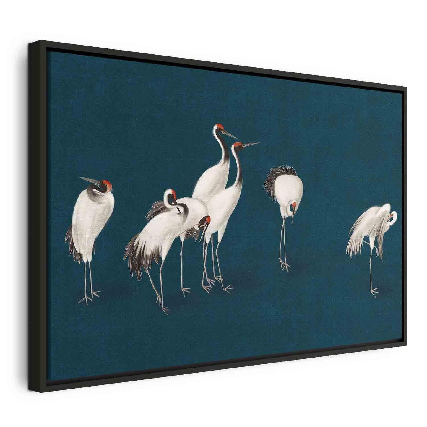 Leinwandbild - Evening by the pond - a group of cranes drawn in dry pastel on a dark turquoise background
