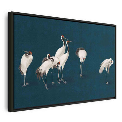 Leinwandbild - Evening by the pond - a group of cranes drawn in dry pastel on a dark turquoise background