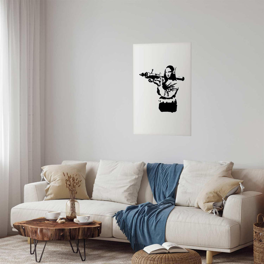 Poster featuring Banksy's Mona Lisa with a rocket launcher in a modern living room setting.