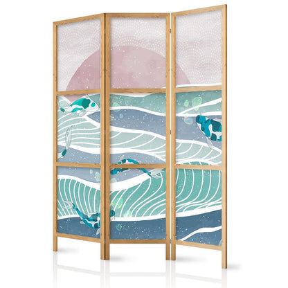 Japanischer Paravent - Koi Fish Among Waves - Japanese Fish Amidst Waves in Shades of Turquoise and White Artgeist