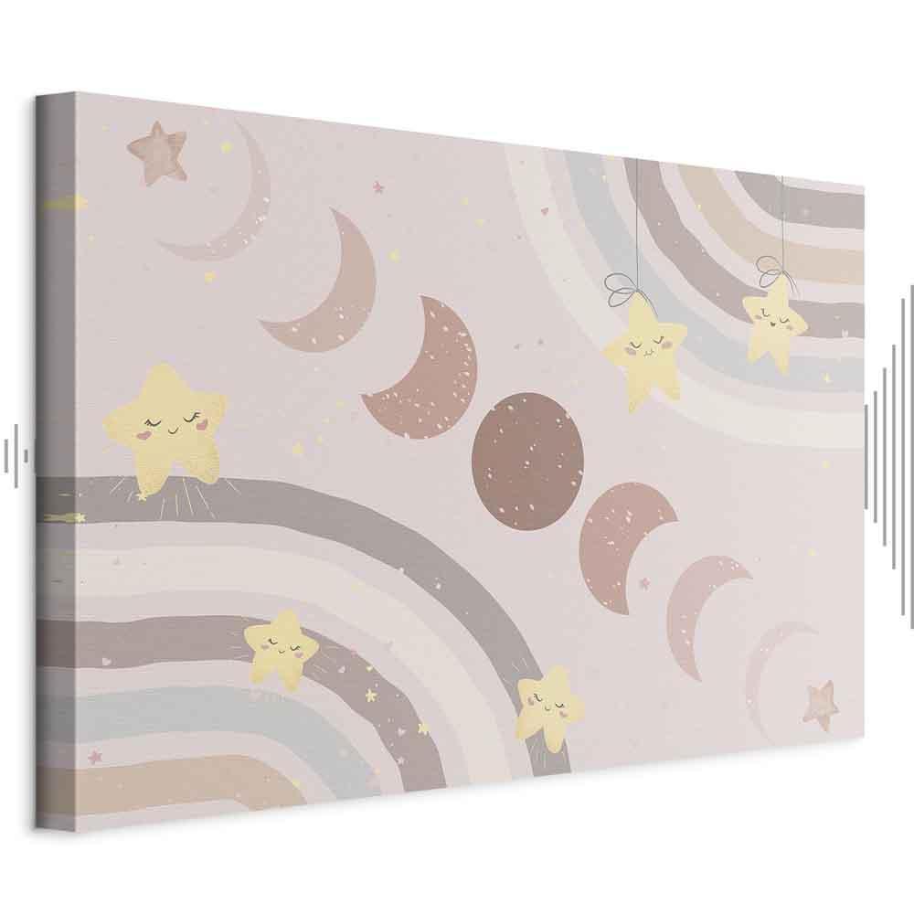 Leinwandbild - Joyful Sky - Yellow Cheerful Stars with a Rainbow Against the Phases of the Moon in a Light Beige Sky Hue