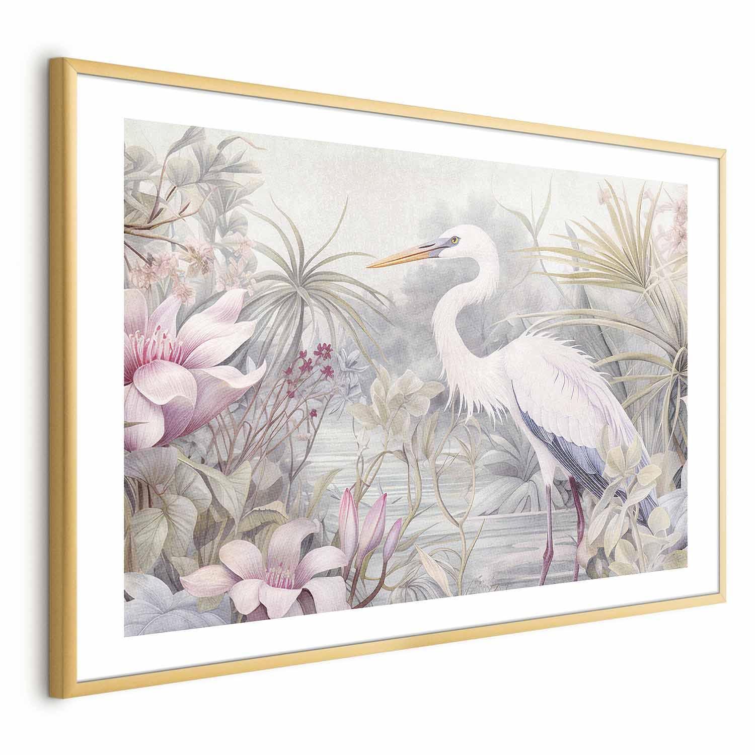 Poster - Heron Wading in a Pond - illustration in light colors Artgeist