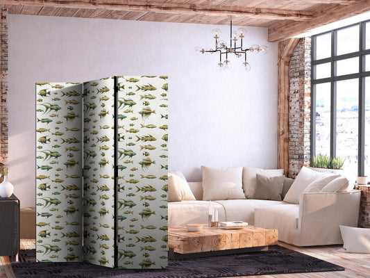 Paravent - Unusual Species of Fish - A Cluster of Fish in Muted Colors in Retro Style on a Background of Beige Strokes Artgeist
