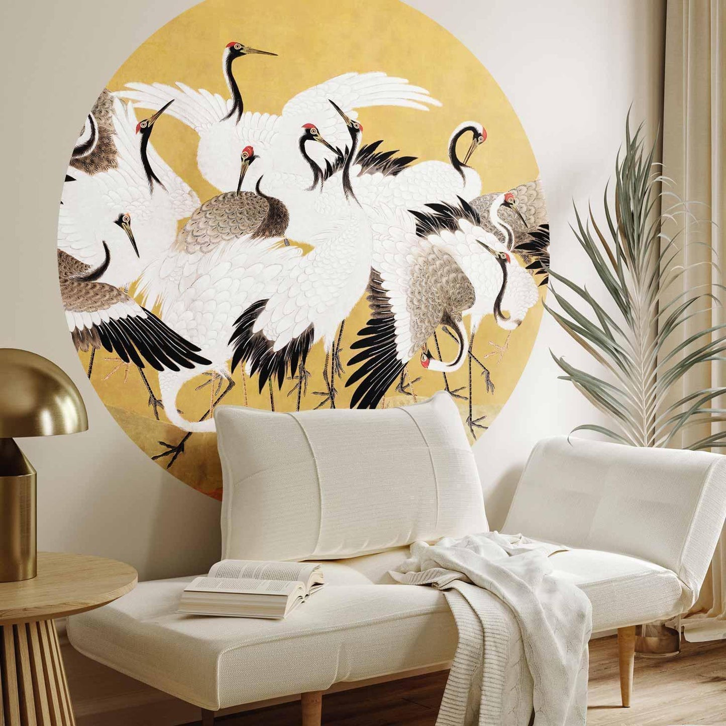 Runde Fototapete - Japanese cranes - a flock of birds against a golden background based on a painting by Ishida Yūtei