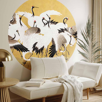 Runde Fototapete - Japanese cranes - a flock of birds against a golden background based on a painting by Ishida Yūtei