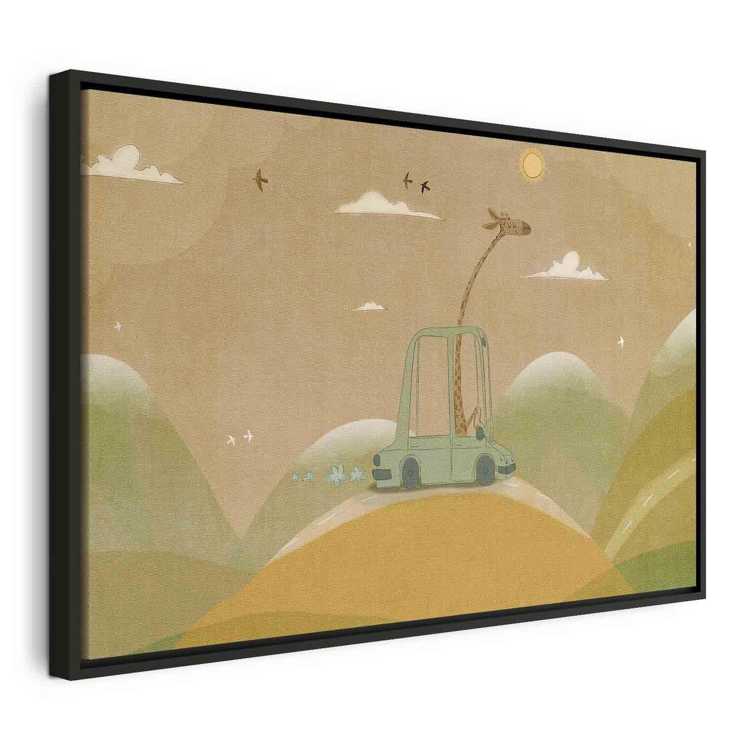 Leinwandbild - Dreamy Traveler - A Cheerful Giraffe Driving a Car on a Sunny Day Artgeist