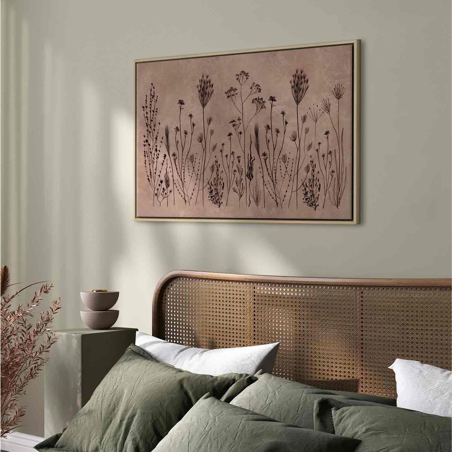 Leinwandbild - Wildflowers – black plants on lime-wash background