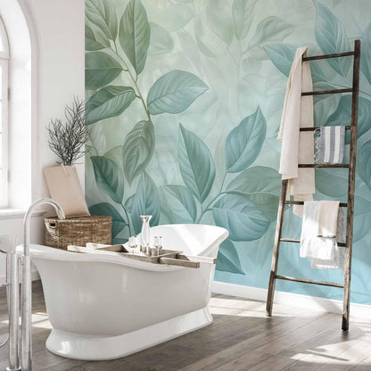 Fototapete - Large Leaves in Shades of Green-Mint: Botanical Motif