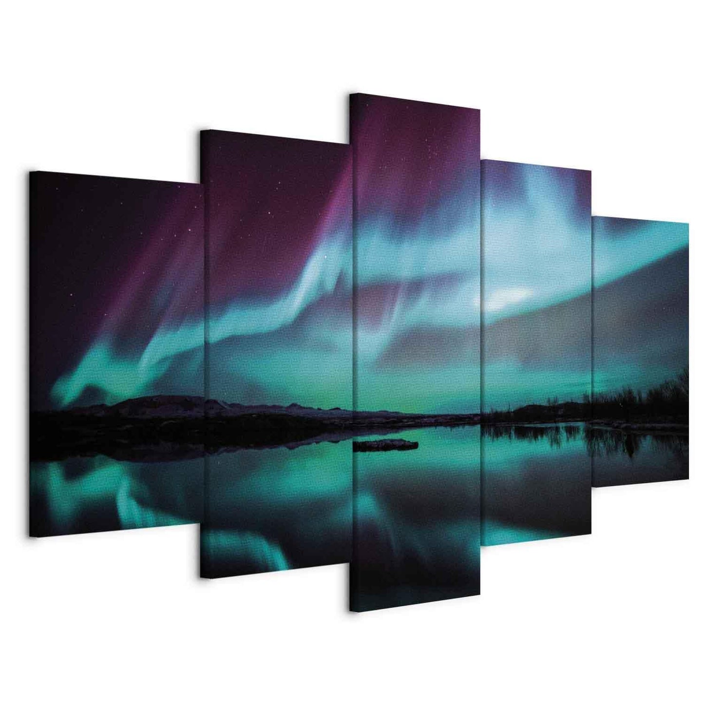 Leinwandbild „Nordlicht über dunkler Landschaft“ – 5-teiliges Set