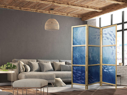 Japanischer Paravent - Schools of Fish - Luminous Clusters of Fish in Blue Among Ocean Depths Artgeist