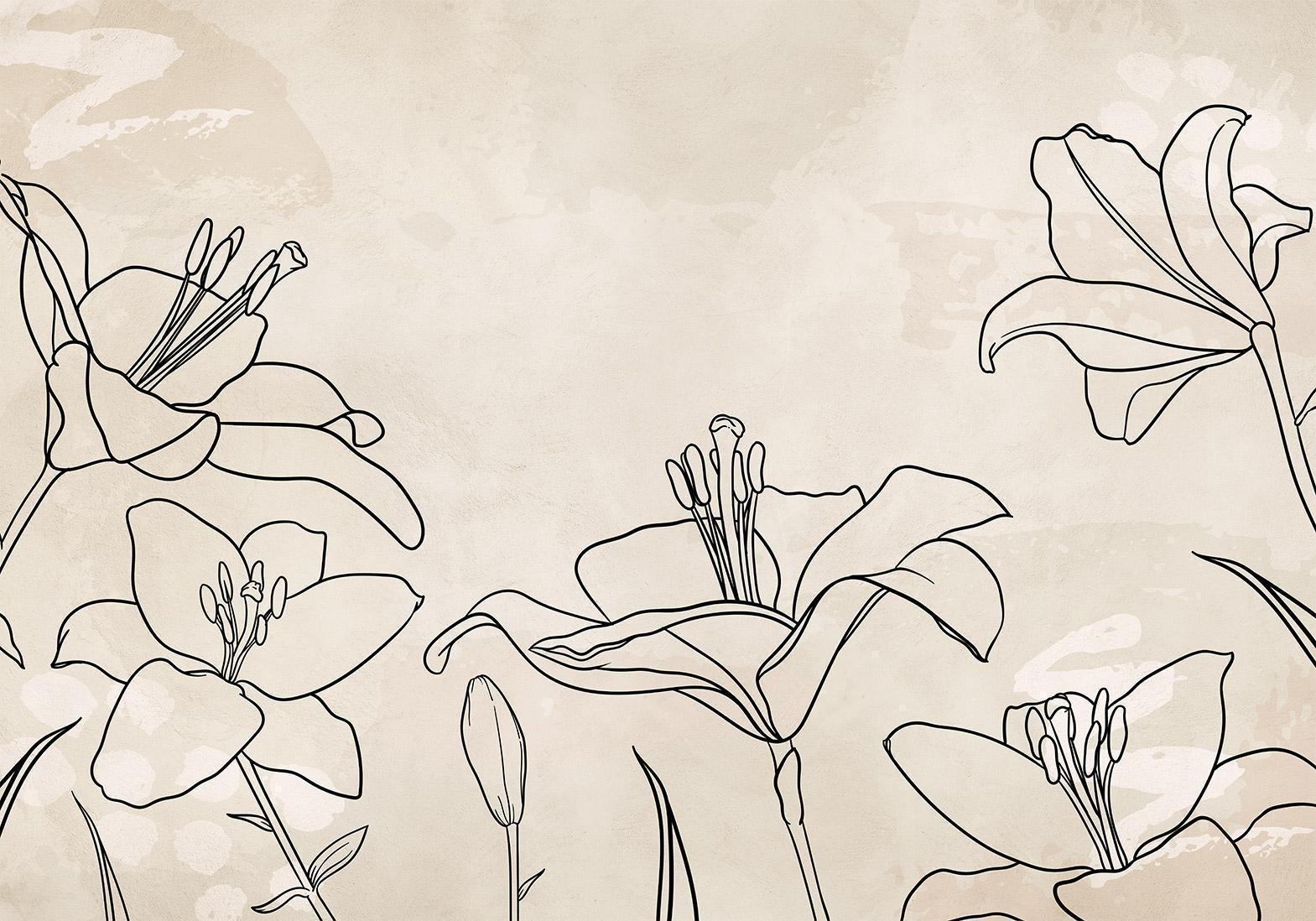 Tapeten-Muster Naturskizze - Botanische Line-Art Wandgestaltung - Sawelt