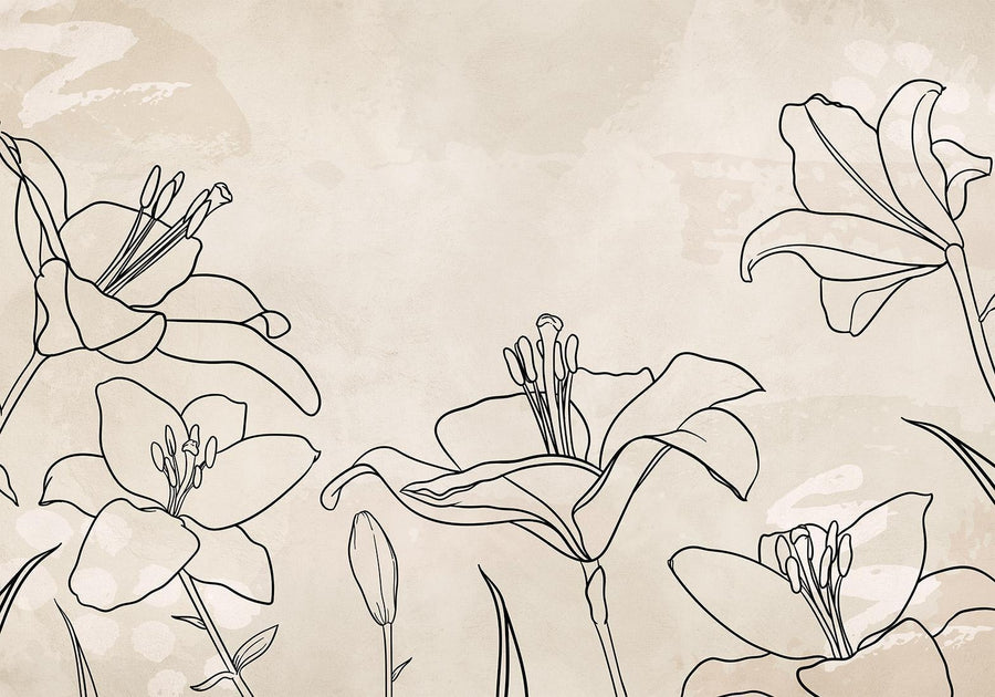 Fototapete „Sketch of Nature“ – Minimalistische Line-Art mit Lilien auf beigem Hintergrund