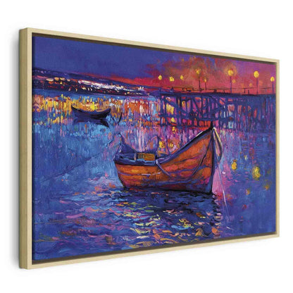 Leinwandbild - Modern impressionism - night landscape of a lake with a floating boat