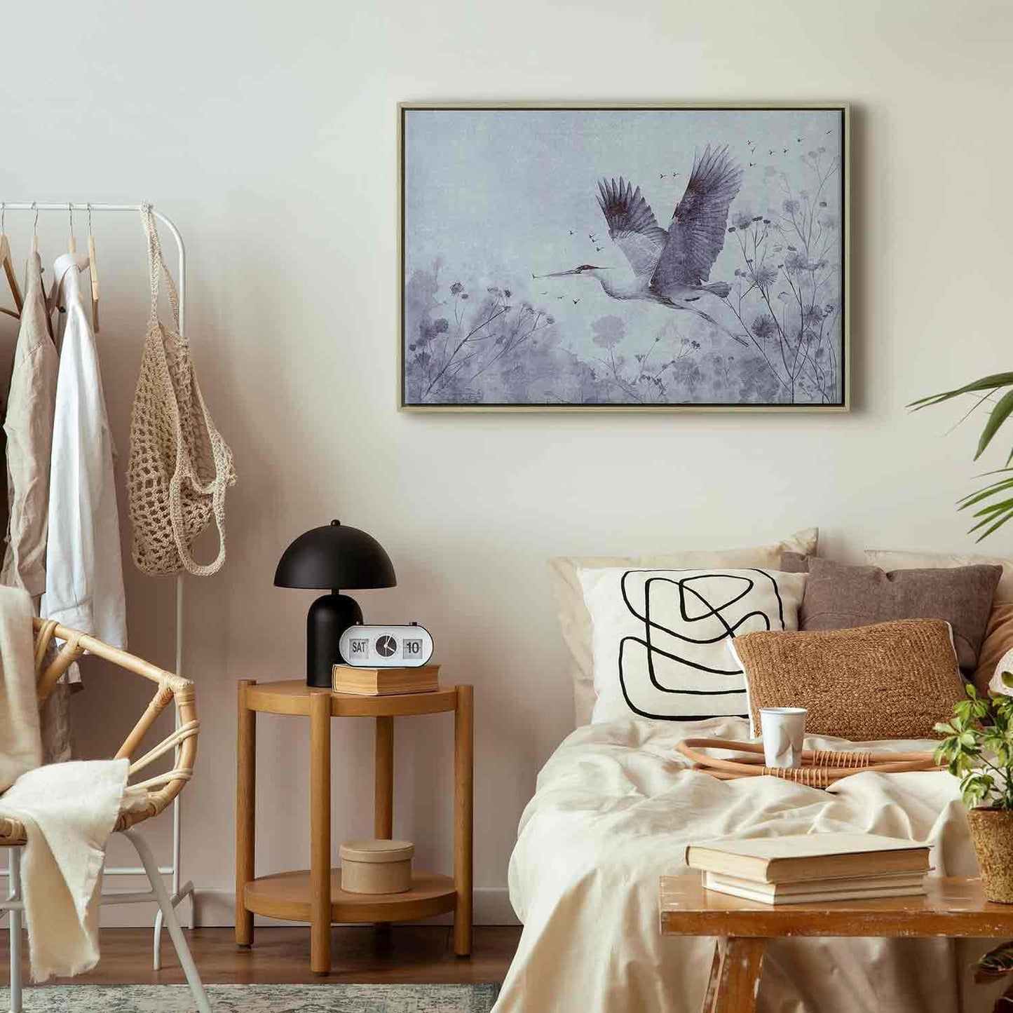 Leinwandbild - Majestic flight - a crane in flight in monochrome