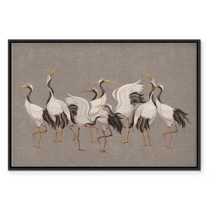 Leinwandbild - Crane dance – bright silhouettes of birds against a warm grey background with texture