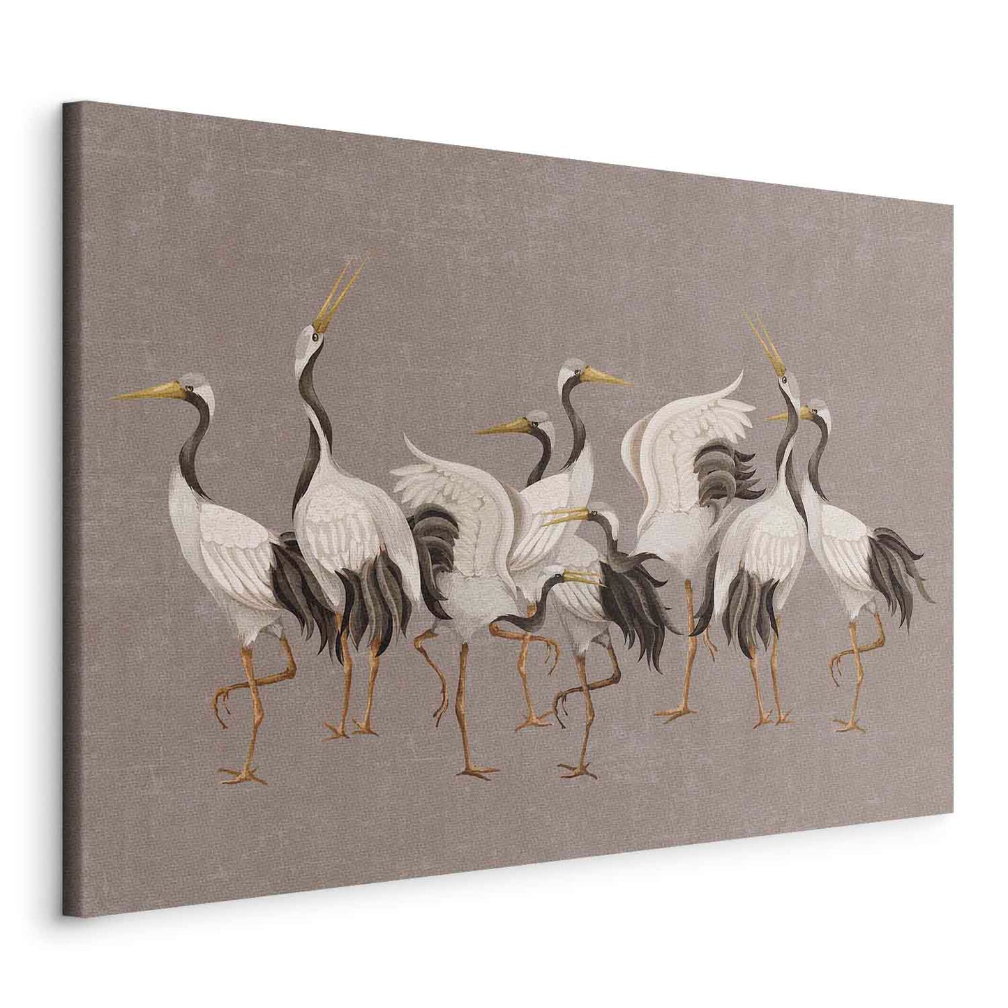 Leinwandbild - Crane dance – bright silhouettes of birds against a warm grey background with texture