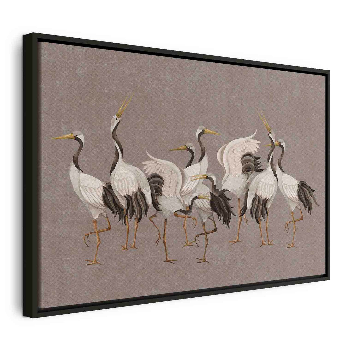 Leinwandbild - Crane dance – bright silhouettes of birds against a warm grey background with texture