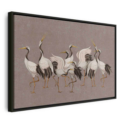 Leinwandbild - Crane dance – bright silhouettes of birds against a warm grey background with texture